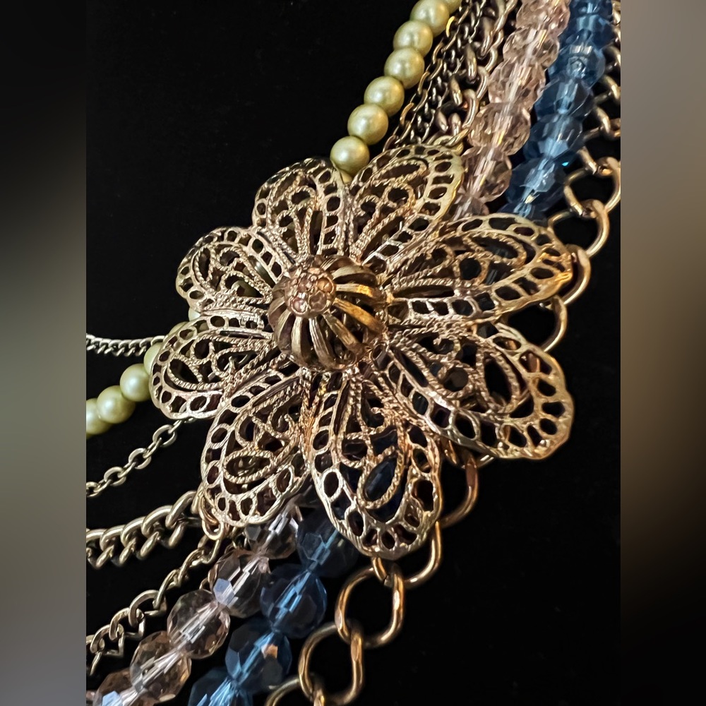 Vintage Multi Strand Statement Necklace w/Floral Openwork Ornament - Picture 5 of 7